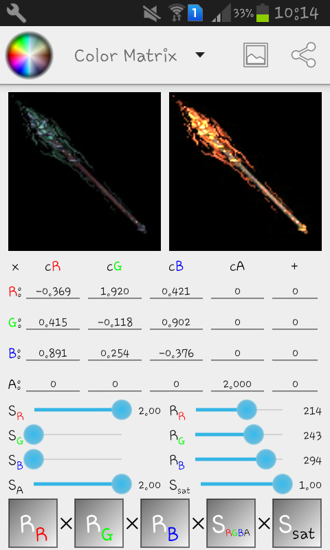 new ColorMatrix(new float[] {<br />    -0.369f, 1.920f, 0.421f, 0f, 0f, <br />    0.415f, -0.118f, 0.902f, 0f, 0f, <br />    0.891f, 0.254f, -0.376f, 0f, 0f, <br />    0f, 0f, 0f, 2.000f, 0f<br />});<br />kalou's staff