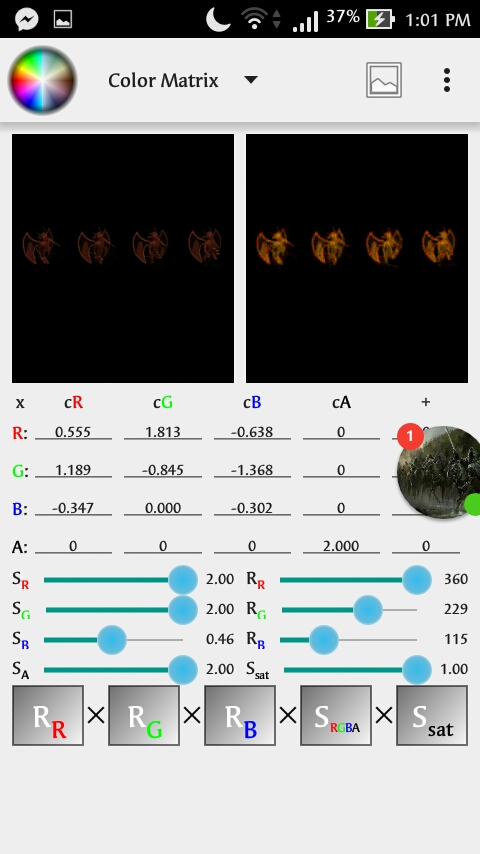 new ColorMatrix(new float[] {<br />    0.555f, 1.813f, -0.638f, 0f, 0f, <br />    1.189f, -0.845f, -1.368f, 0f, 0f, <br />    -0.347f, 0f, -0.302f, 0f, 0f, <br />    0f, 0f, 0f, 2.000f, 0f<br />});