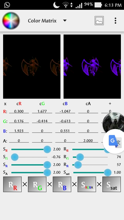 new ColorMatrix(new float[] {<br />    0.300f, 1.677f, -1.047f, 0f, 0f, <br />    0.176f, -0.414f, -0.613f, 0f, 0f, <br />    1.923f, 0f, 0.551f, 0f, 0f, <br />    0f, 0f, 0f, 2.000f, 0f<br />});